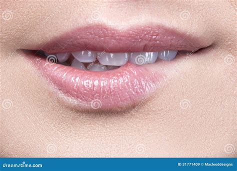 Close Up Of Girl Biting Coral Lips Stock Image Image Of Face Glamor 31771409