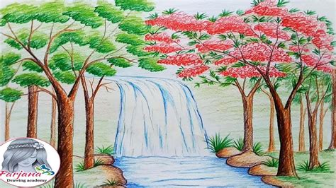 How To Draw Scenery Of Stream Waterfall Step By Step Youtube