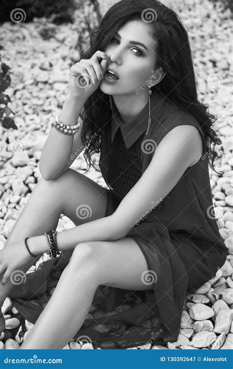 Gorgeous Brunette Model In Fashion Red Dress Posing On White Rocks Stock Image Image Of Body