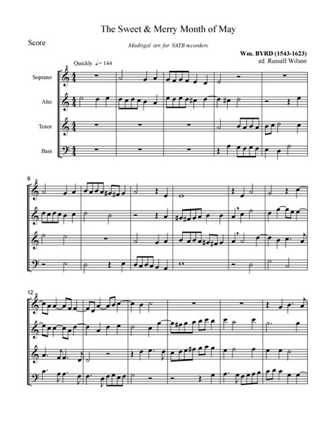 Byrd The Sweet And Merry Month Of May Sheet Music For Recorder Quartet