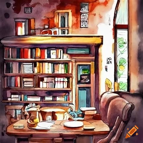 Cozy Bookshop With A Coffee Shop And A Big Window In A Black And White