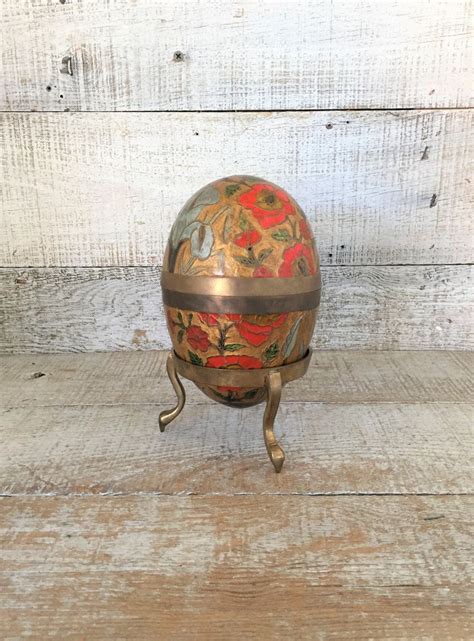 Brass Enamel Egg Cloisonne Egg With Brass Stand Large Brass Easter Egg Brass Egg Trinket Box