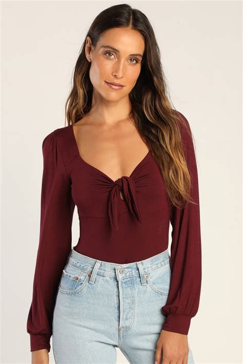 Long Sleeve Bodysuit Tie Front Bodysuit Burgundy Bodysuit Lulus