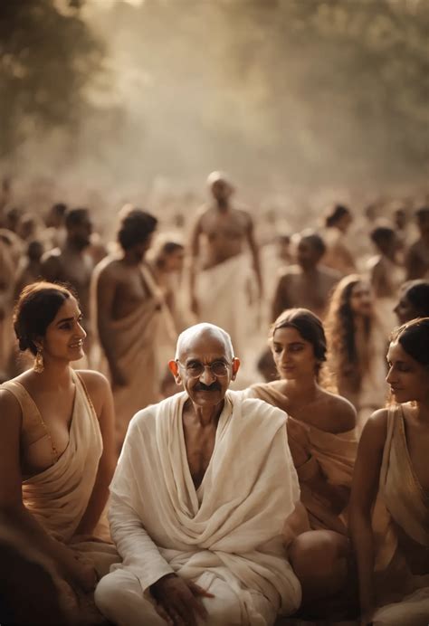 Mahatma Gandhi Surrounded By Many Beautiful Naked Women Seaart Ai