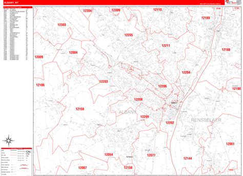 Albany New York Zip Code Wall Map Red Line Style By Marketmaps Mapsales