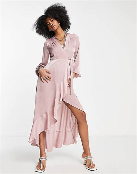 Flounce London Satin Long Sleeve Wrap Maxi Dress In Blush Pink Asos