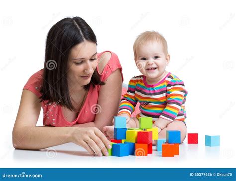 Mother And Baby Play With Building Blocks Toy Isolated On White Stock