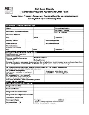 Fillable Online Recreation Slco RPAOF Recreation Program Agreement