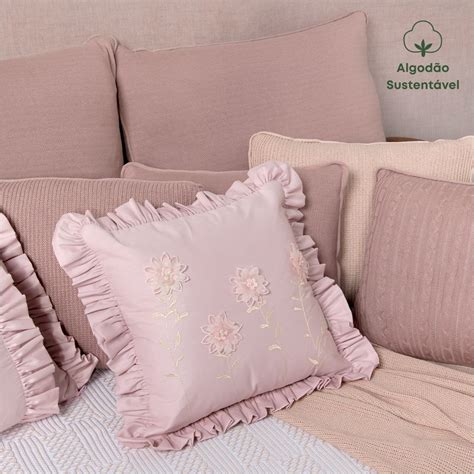 Baby Decoração Almofada Decorativa Quadrada c Aplicação Percal Fios Madeleine Rose Nude