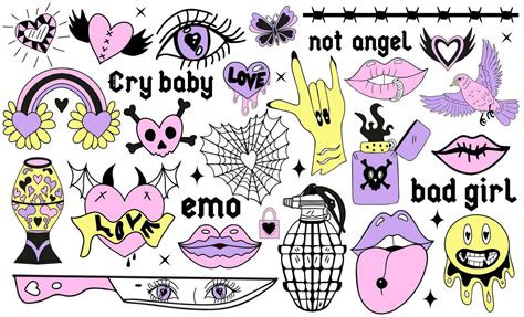 Y2k 2000s Cute Emo Goth Aesthetic Stickers Tattoo Art Elements And