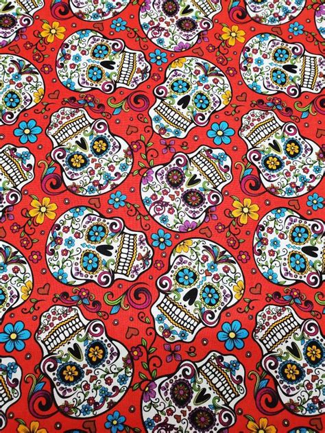 Red Folkloric Sugar Skulls Novelty Cotton Fabric By The Yard Etsy