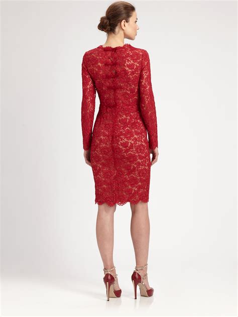 Valentino Long Sleeved Lace Dress In Red Lyst