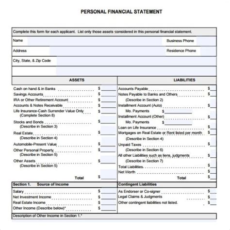 Editable Sba Personal Financial Statement Excel Template Word