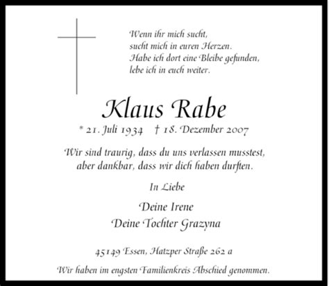 Traueranzeigen Von Klaus Rabe Trauer In NRW De