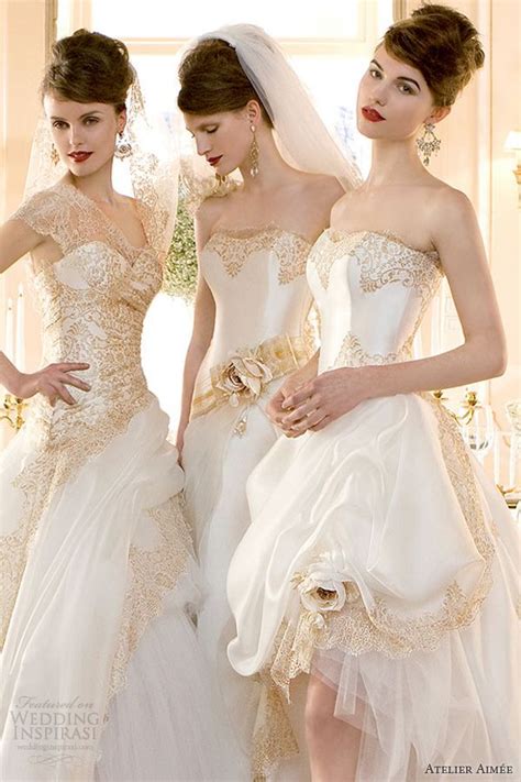 Three Women In Wedding Dresses Standing Next To Each Other