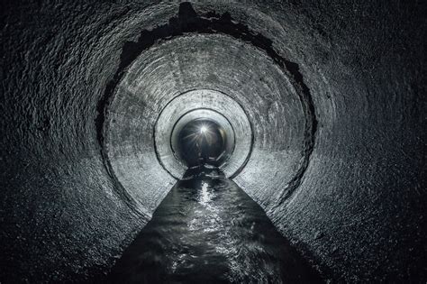 Underground River Flowing In Round Concrete Sewer Tunnel Sewage