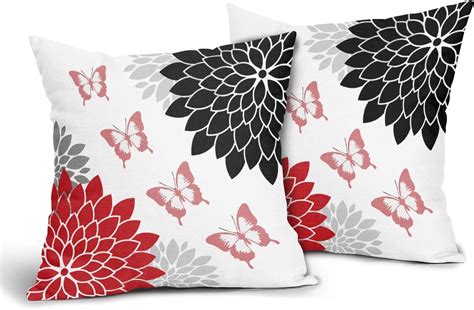 Granbey Red Black And Gray Dahlia Outdoor Pillow Covers Set Of 2 Butterfly Grey