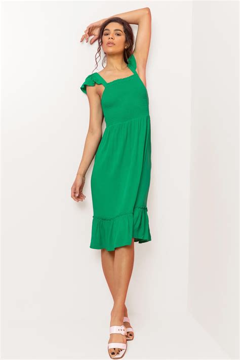 Shirred Bodice Frill Detail Midi Dress In Green Roman Originals UK