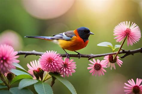 Un pájaro colorido se sienta en una rama con flores rosas en el fondo