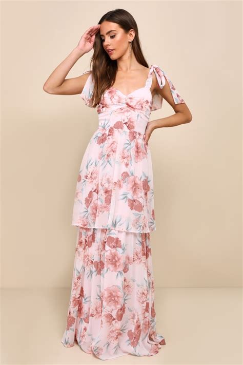 Light Pink Floral Dress Tie Strap Maxi Dress Tiered Dress Lulus