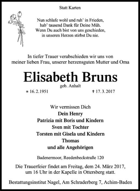 Traueranzeigen Von Elisabeth Bruns Trauer Kreiszeitung De