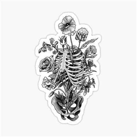 Skeleton Flowers Design Black And White Sticker For Sale By Thrtee Redbubble