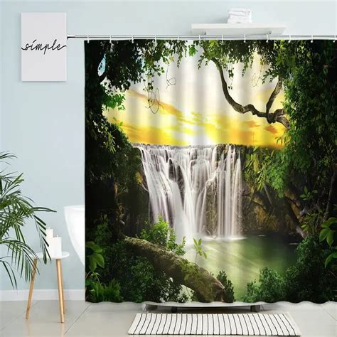 Tropical Jungle Scenery Shower Curtain Waterfall Forest Palm Leaf Green