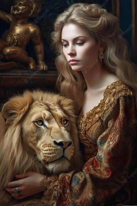 Premium AI Image | Young woman with lion portrait of adult girl in oil ...