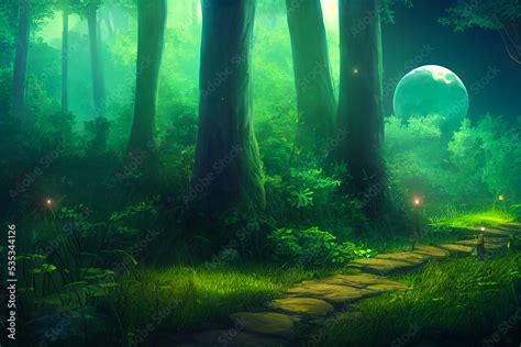 Anime Game Art Background A Lush Fantasy Forest With A Path To Another