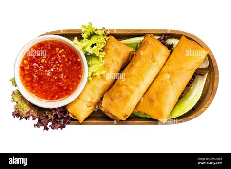 Top View Of Homemade Deep Fried Spring Roll With Chili Sauce And