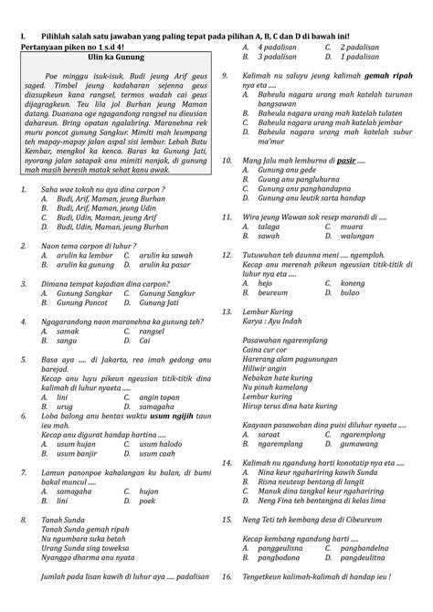 Soal Pat Bhs Sunda V Semester I Pilihlah Salah Satu Jawaban Yang