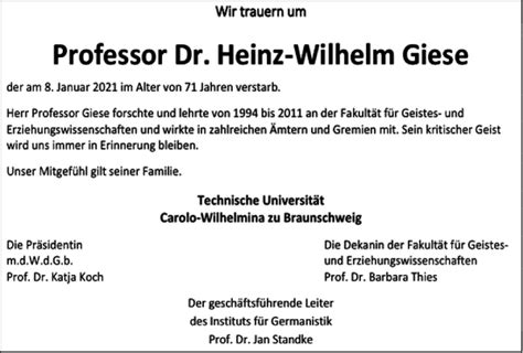 Traueranzeigen Von Professor Dr Heinz Wilhelm Giese Trauer38 De