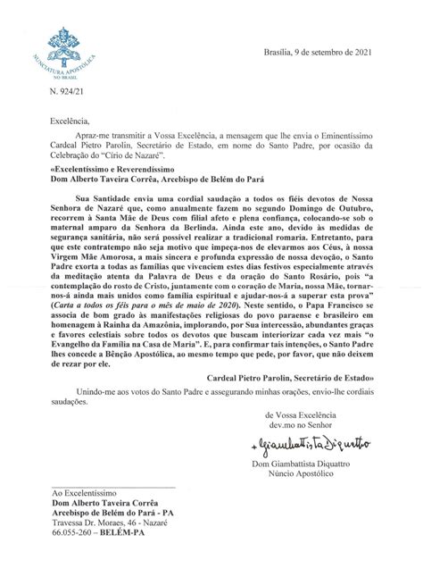 Carta do Papa Francisco por ocasião do Círio de Nazaré Basílica