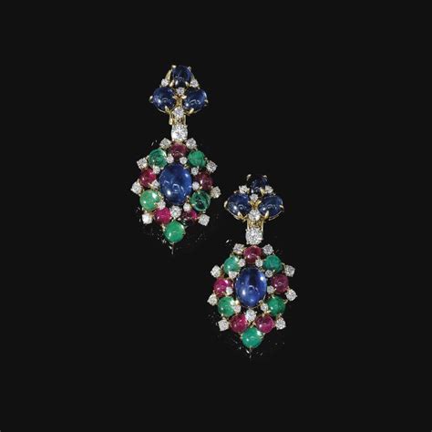 Pair Of Gem Set And Diamond Pendent Ear Clips Bulgari Circa