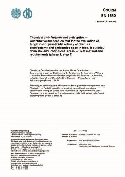 Onorm En 16502013 Chemical Disinfectants And Antiseptics