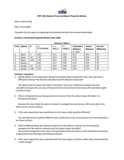 PHY 101L Module Three Lab Report Projectile Motion Activity 1