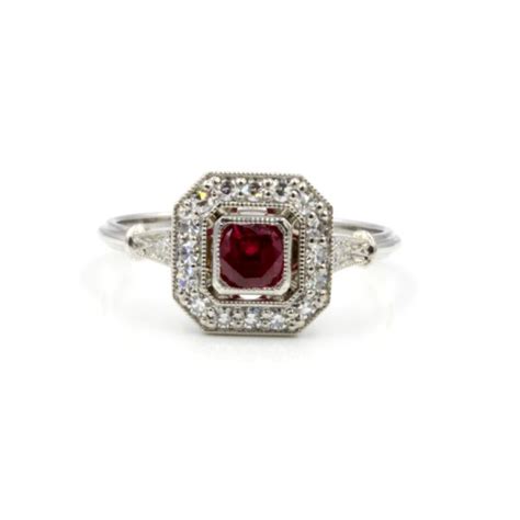 Art Deco Style Platinum Ruby Diamond Halo Ring Steven Sher Antique