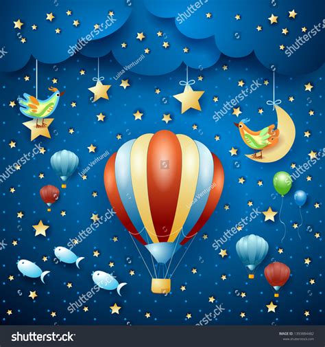 Surreal Night Hot Air Balloons Flying Stock Vector Royalty Free Shutterstock