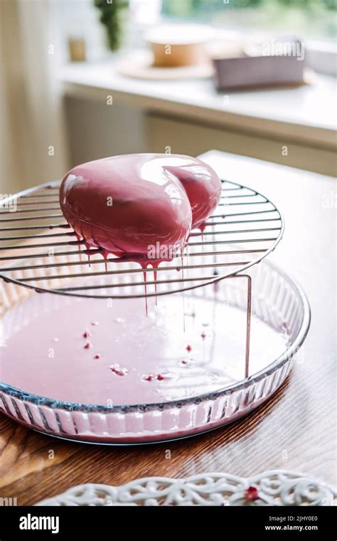 Mousse Cake Mirror Glaze Cake Process Of Making Heart Shape Mousse Cake With Pink Mirror Glaze