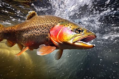 Premium AI Image Rainbow Trout Splashing In The River Fishing Fish