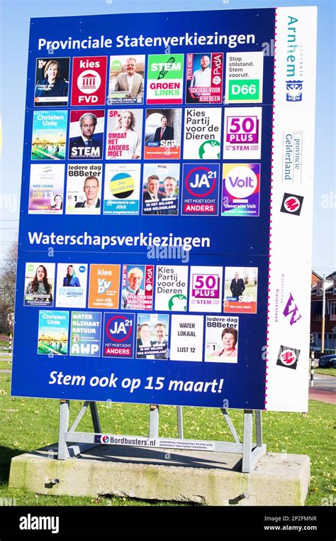 Arnhem, Netherlands - March 2, 2023: Billboard with dutch political ...