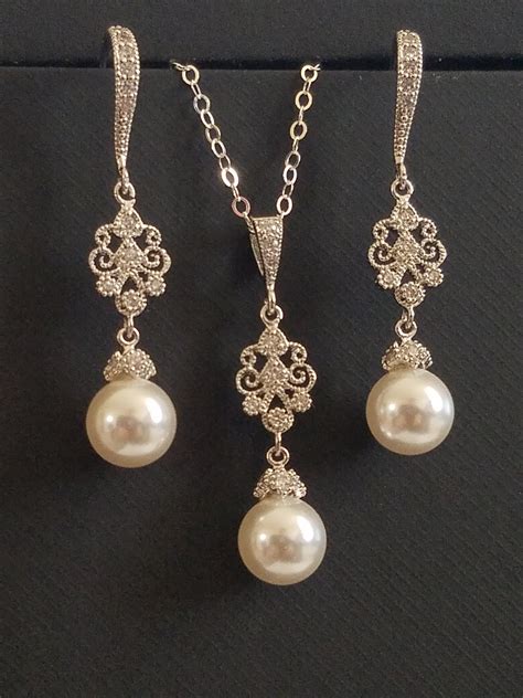 Pearl Bridal Jewelry Set Earringsandnecklace Jewelry Set Swarovski 8mm