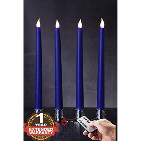 Flameless Blue Taper Candles With Removable Silver Candleholders And Remote With Warm White