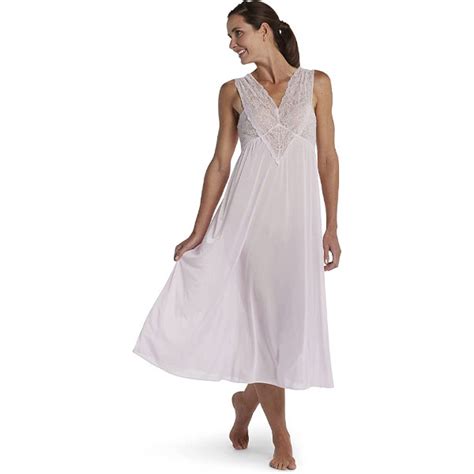 Miss Elaine Nightgown Womens Silk Essence Long Gown Lace V Neck