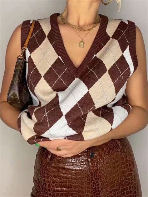 Emmiol Free Shipping Vintage Argyle Knit Sweater Vest Brown S In