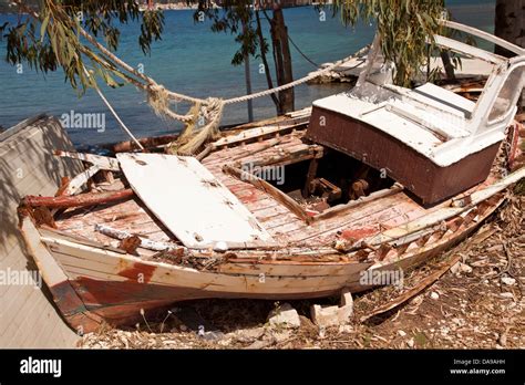 An Old Wrecked Fishing Boats Slowly Rots Away Stock Photo Alamy