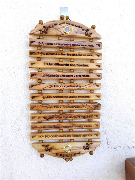 The Ten Commandments Olive Wood Plaque Spanish Laser Carved Hand Made