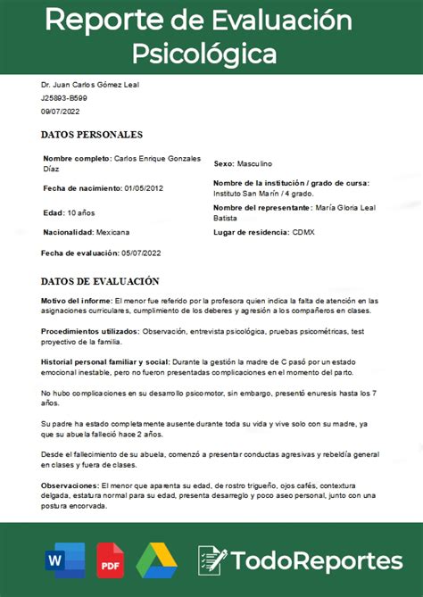 Reporte De Evaluaci N Psicol Gica Formato C Mo Hacerlo Y Ejemplos