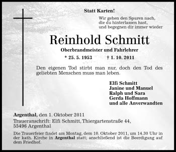 Traueranzeigen Von Reinhold Schmitt Rz Trauer De