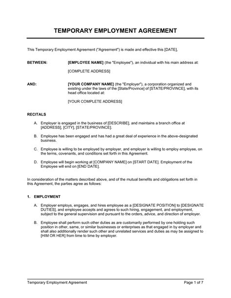 Temporary Employee Contract Template Free Sample Example And Format